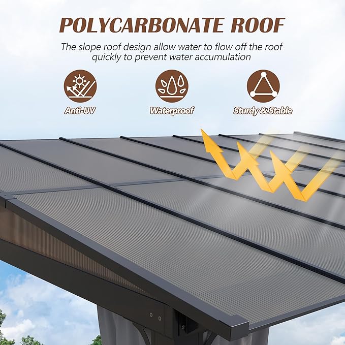 10 x13FT Outdoor Wall-Mounted Hardtop Gazebo, Aluminum Frame Lean to Gazebo with Polycarbonate Roof and Curtains for Patio, Garden, Deck