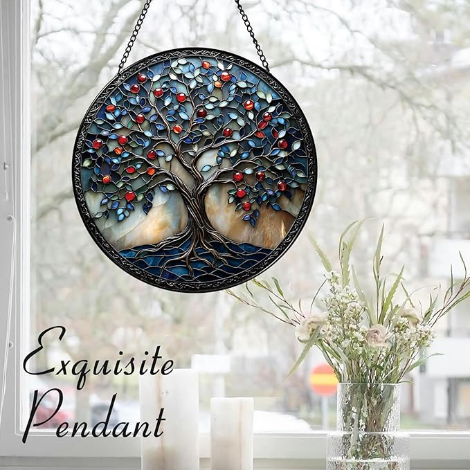Colorful Tree of Life Suncatcher -7.9 in Stained Glass Window Hanging Sun Catcher Garden Decor