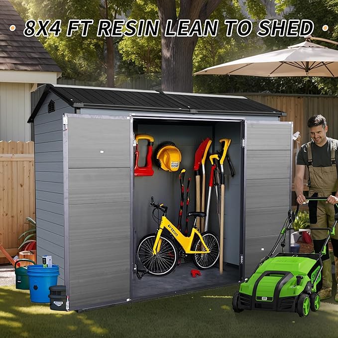 LANTRO JS 8x4FT Plastic Storage Shed with Floor, Storage Shed with Floor Included, 2 Windows and Lockable Door Sheds for Garden Tools, Bike