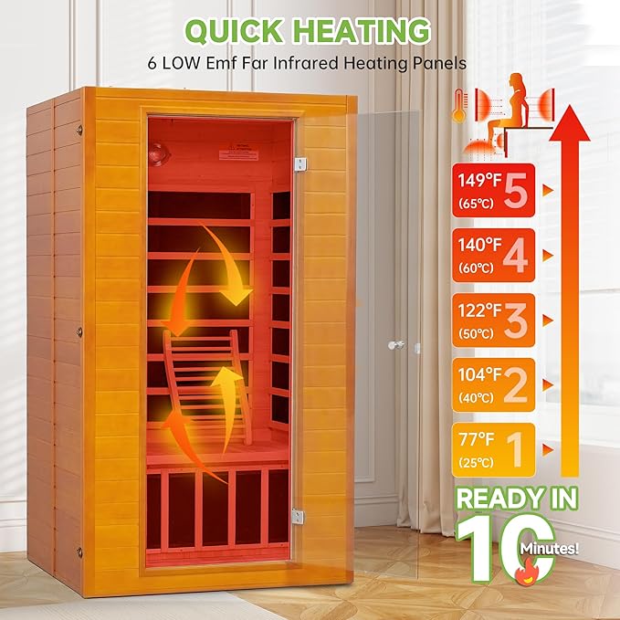 Real Relax Home Infrared Sauna, 1-2 Person Canadian Hemlock Wood Indoor Dry Saunas Room with Low Emf Red Light Therapy with Bluetooth Speakers, 9-Color Chromotherapy Lights
