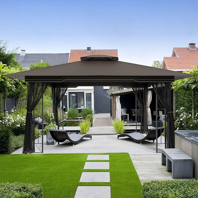 11x13 Outdoor Patio Gazebo with Mosquito Netting and Corner Frame Screen Wall, Double Roofs Metal Frame Party Canopy Tent Shelter for Backyard Garden Deck - Brown