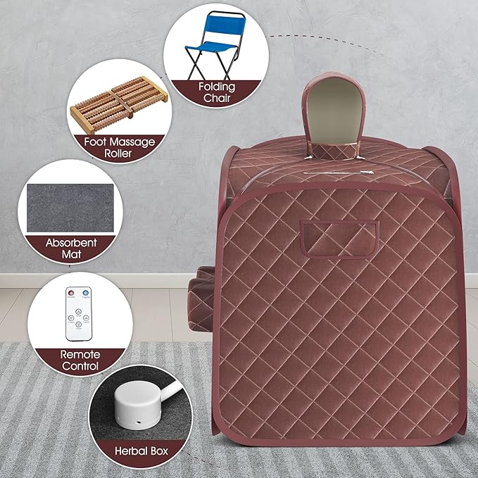 COSTWAY Portable Steam Sauna, Remote Control, 3L Steamer, Foldable Sauna Spa with 9 Temperature and 90 Mins Timer, Atomization, Personal Sauna Hat Tent for Detox Relaxation (Coffee)