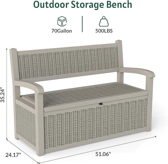 70 Gallon Storage Bench Deck Box,Patio Storage Benches with Armrest, Lockable Bench Outside, Waterproof for Pool Patio Garden (Grey)