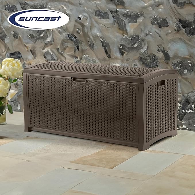 Suncast 99 Gallon Plastic Wicker Deck Box Container Storage for Garden, Garage, Home, Pool, Indoor and Outdoor Use, Mocha (2 Pack)