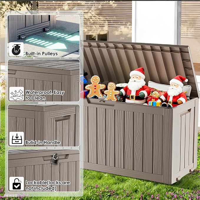 Deck Box Outdoor with 75 Gallon, Rollers for Mobility, Handles Waterproof Storage Box with Lockable for Store Garden Tools Backyard, Multi-Functional Seat & Table, Light Brown