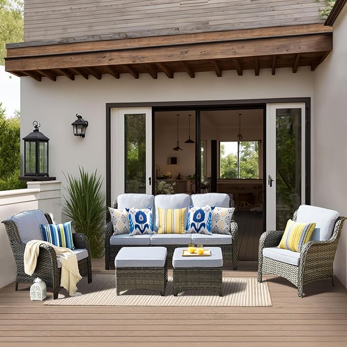 HOOOWOOO Patio Furniture Set,5 Piece Outdoor Furniture Set,Wicker Patio Conversation Couch Chairs Ottoman Set,Light Gray