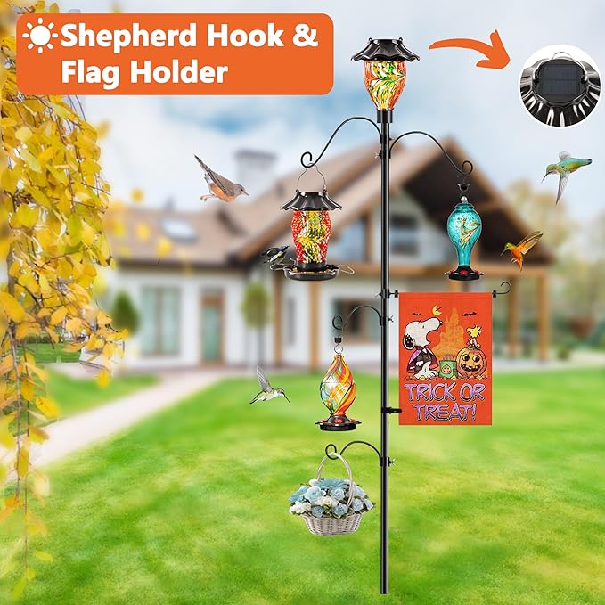 LUJII Solar Shepherds Hooks for Outdoors, Bird Feeder Pole with 4 Adjustable Hangers and 1 Flag Holder, Garden Stand for Hummingbird Feeders, Wind Chimes, Plant Baskets, Lanterns (Red)