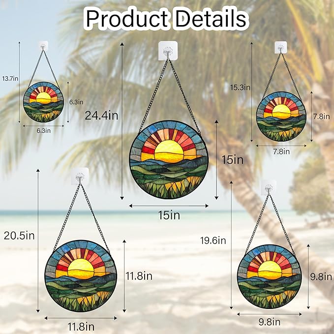 Stained Glass Window Hanging, Golden Red Sun Green Mountain Suncatcher for Window Home Decor Nature Landscape Sun Catcher Mother's Day Birthday Gifts for Women Men Mom Nana 9.8 in