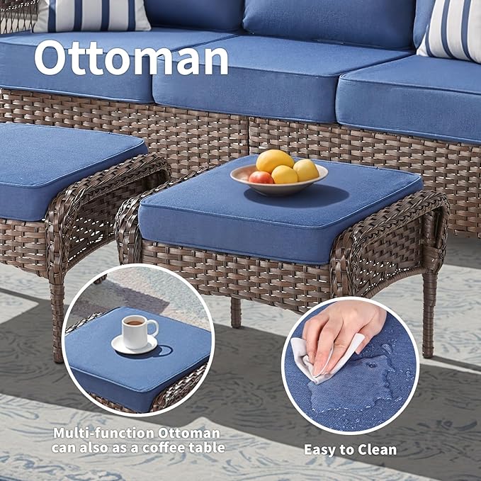 6 Pieces Patio Furniture Set Outdoor Sectional Sofa Couch with Rocking Swivel Chairs 5" Deep Seat Chairs, Modern Wicker Rattan Conversation Set, Blue/Brown Wicker