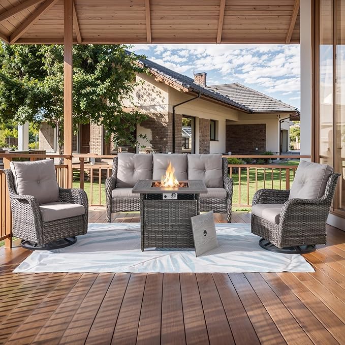 HUMMUH Patio Furniture with Fire Pit 4-Piece Wicker Outdoor Sectional Couch with Swivel Rocking Chairs, Propane Fire Pit Conversation Set for Garden, Backyard, Deck
