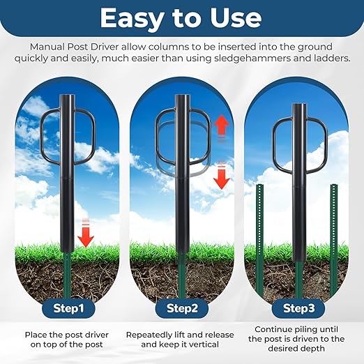 Fence Post Driver, 20LBS Fence Post Driver with Handle, 2.7 inch Inner Diameter Hand Post Pounder, Heavy Duty Driver Tool T Post Rammer for Fence Post U Channel Wooden Post Metal Post, Black