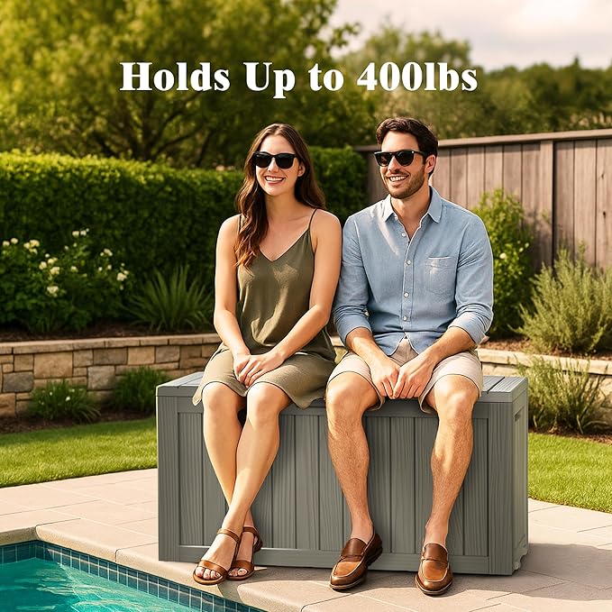 Outdoor Storage Box, Deck Box Waterproof 72 Gallon, Resin Outside Storage, Storage Bin for Package Delivery, Patio Furniture Cushion, Pool Accessories, Weatherproof and UV Resistant, Grey