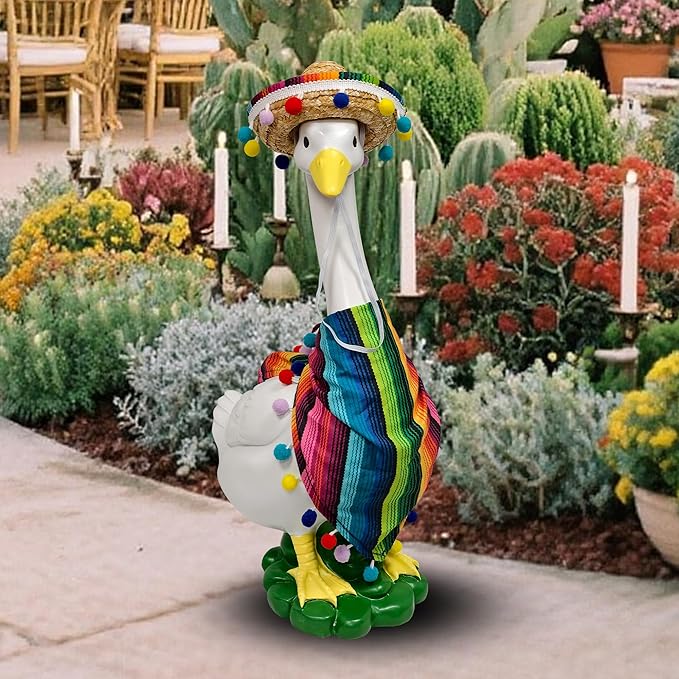 Porch Goose Statues + Porch Goose Outfits, 20" Large Durable Resin Goose Statue Decor with Fun Porch Goose Clothes, Mexican Sombrero Scarf Decorations DIY Indoor Outdoor Garden Patio Yard Lawn Gifts