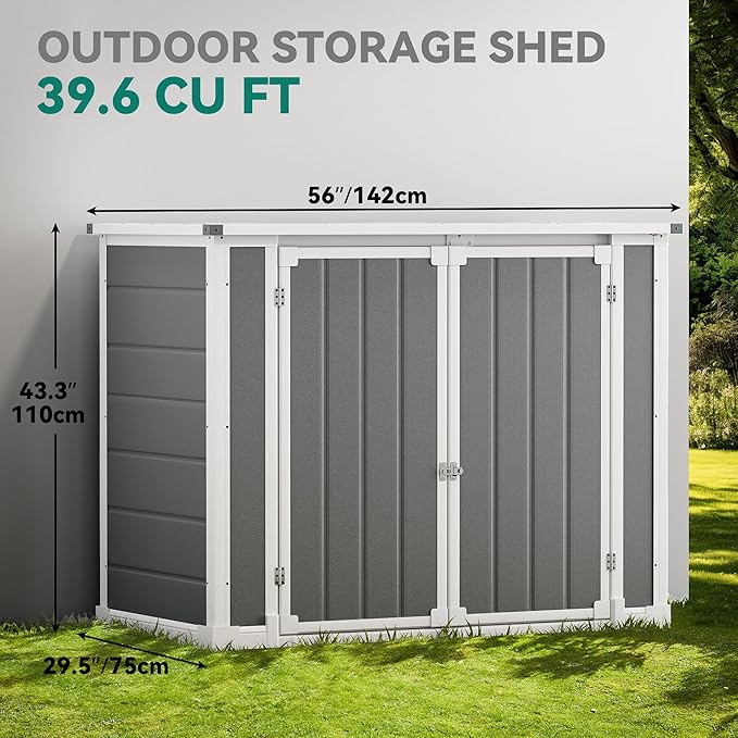 DWVO 41Cu.ft Horizontal Resin Storage Shed Without Shelf, All Weather 4.7x2.5 FT Outdoor Storage Shed with Hydraulic Struts, 3 Locks, Lockable to Floor for Garden Tools, Trash Cans, Gray
