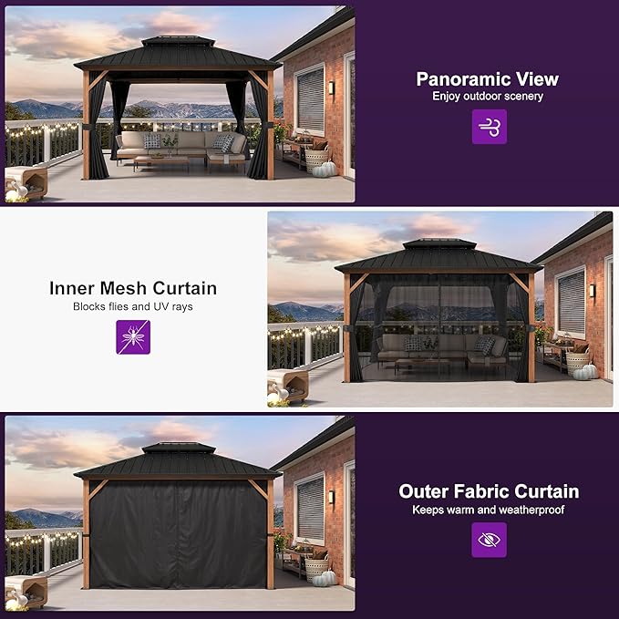 PURPLE LEAF 10' X 12' Hardtop Gazebo with Storage Box Outdoor Wood Grain Aluminum Frame Galvanized Steel Double Roof Gazebos with Netting and Curtains for Patio Deck Backyard Garden