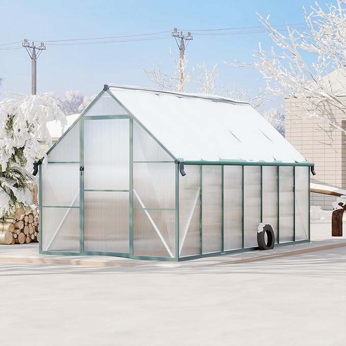 8X14 ft Polycarbonate Greenhouse with Aluminum Frame, Polycarbonate Greenhouse for Outdoors, Greenhouses with Ventilation and Rain Gutter, Aluminum Large Walk-in Greenhouses for Outside