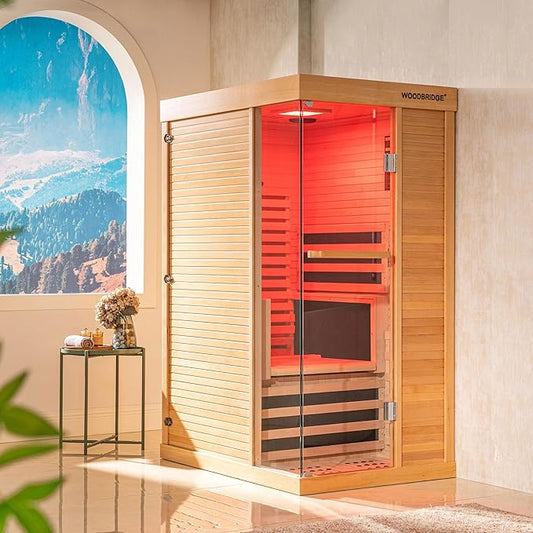 Woodbridge Infrared Home Sauna Room 1 Person Hemlock Wooden Indoor Sauna,7 Carbon 1560W/120V Heaters,with Led Color Therapy Light,Bluetooth Speaker,Tempered Glass,Touch-Tone Keypad and A Top Vent