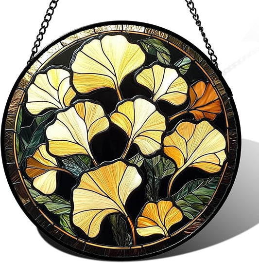 Stained Glass Window Hanging - Ginkgo Leaf Suncatcher for Doors Garden Patio Retro Fall Decor Sun Catchers Christmas Mother's Day Birthday Gifts for Women Men Mom Nana Friend 6.3 in