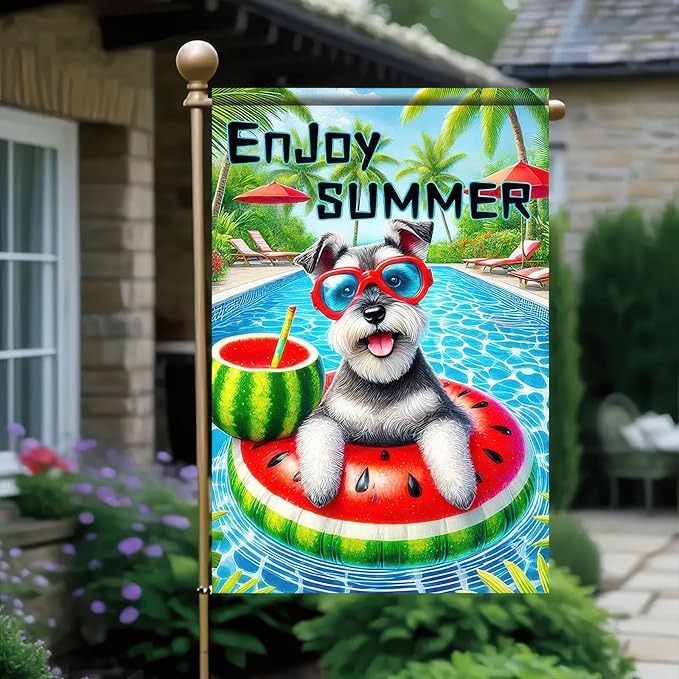 Enjoy Summer Garden Flag Schnauzer Dog 12X18 Inch Print Double Sided Cute Puppy Decorative Yard Flag Banner Poolside Patio Decor Banner Outside Seasonal Holiday Outdoor Decoration