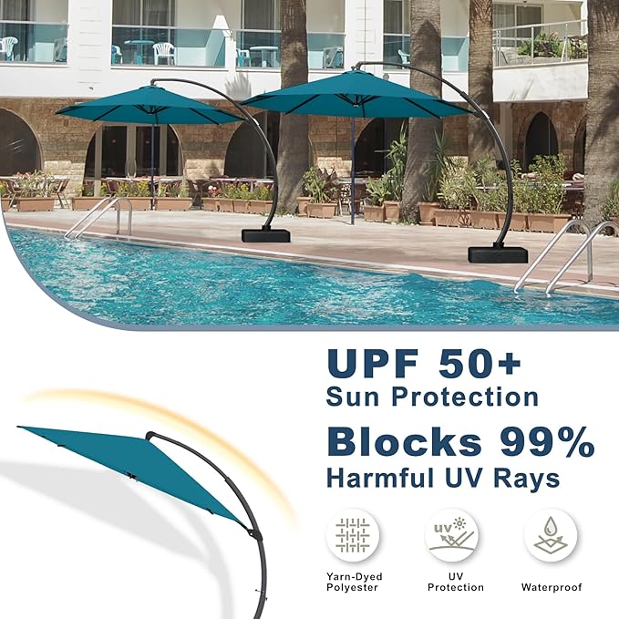 11FT Cantilever Umbrella with Base Large Curvy Outdoor Aluminum Offset Umbrella w/ 360° Rotation, UV Resistant Canopy for Patio, Garden, Backyard, Lake Blue