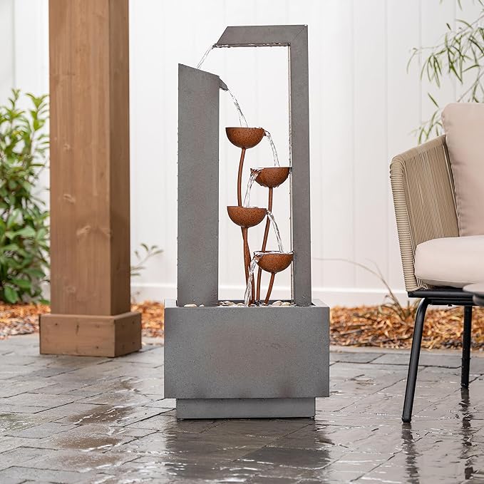 XBrand Metal Sculptural Multi-Tiered Flower Water Fountain, No LED Lights, Gray and Bronze, 38" Tall