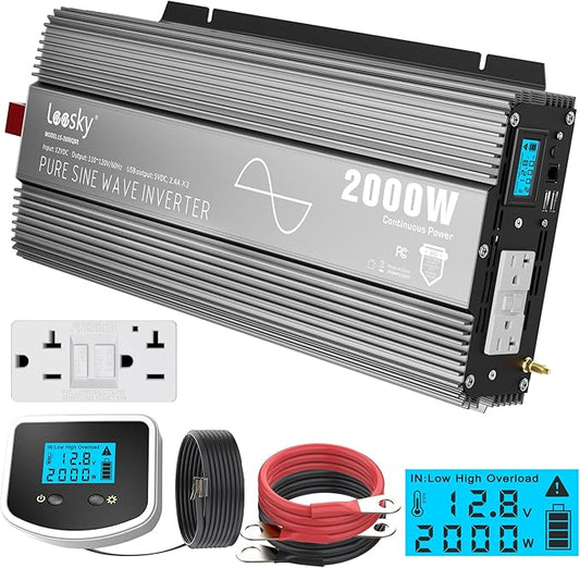 2000W Pure Sine Wave Power Inverter 12V DC to 120V AC with LCD Display Remote GFCI Outlets FCC Approved Compatible with Lithium Battery Starlink for Solar Off-Grid Home Car RV Truck LEESKY