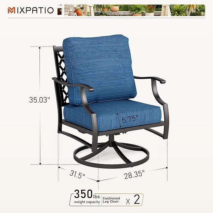Swivel Patio Chairs Set of 2, High Back Outdoor Swivel Patio Metal Chairs with 5.75" Thick Cushions for Bistro Balcony Porch Deck and Yard, Peacock Blue