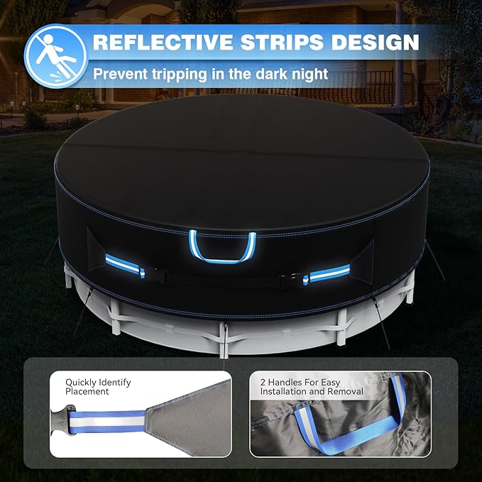 21 Ft Round Pool Cover with Reflective Strips, 420D Swimming Pool Cover for Above Ground Pools, Solar Cover with Drawstring and Ground Nails for Dustproof, UV Protected