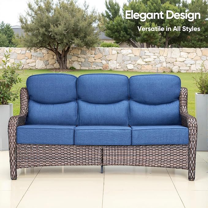 Swivel Patio Chairs sofa Set of 5 with 6" Thick Cushion - Wicker Outdoor Swivel Rocker Patio Chair ,Sofa/Glass coffee table, High Back Comfortable Outdoor Glider Chairs - Brown Wicker | Blue Cushions