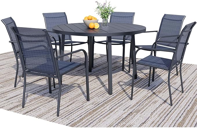 7 Pieces Round Dining Table Set for 6, Patio Dining Set Includes 6 Dark Blue Stackable Patio Chairs and 1 Black Round Table Set of 6, Patio Furniture Sets with Sling Support for Outside, Garden