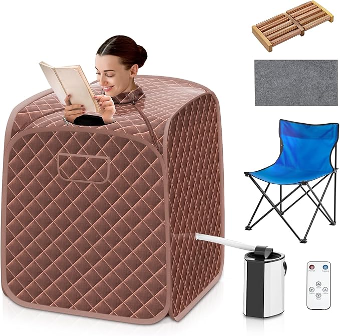 COSTWAY Portable Steam Sauna, 3L Foldable Sauna Spa with Remote Control, 9-Gear Temperature and Timer, Atomization Function, Personal Sauna Tent for Relaxation at Home (Coffee)