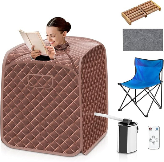 COSTWAY Portable Steam Sauna, 3L Foldable Sauna Spa with Remote Control, 9-Gear Temperature and Timer, Atomization Function, Personal Sauna Tent for Relaxation at Home (Coffee)