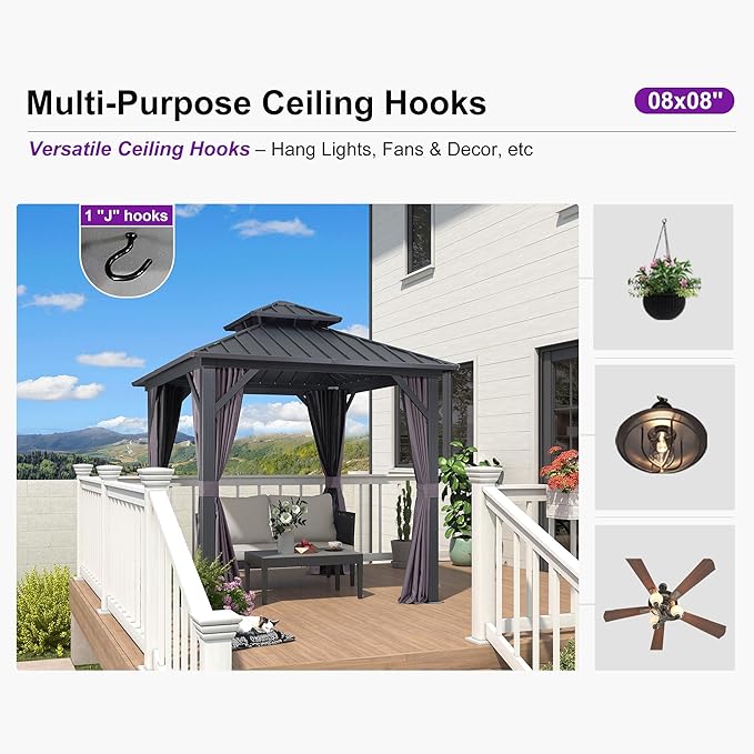 PURPLE LEAF 8'x8' Hardtop Gazebo with Lights All-Weather Galvanized Steel Double Roof Outdoor Patio Garden Gazebo Including Netting and Curtains Grey