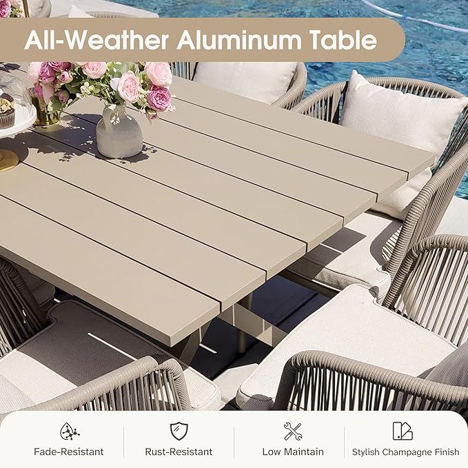 PURPLE LEAF 14 Pieces Patio Dining Set Wicker Outdoor Furniture Oversize Rectangular Table and Chairs Set for Garden Deck Aluminum Frame Backyard Kitchen Set, Cushions and Pillows Included Champagne