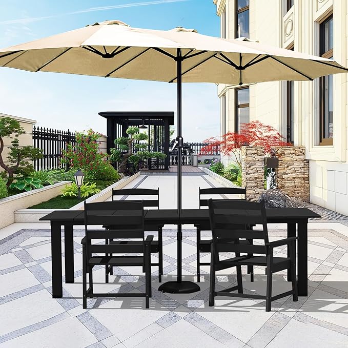 LOUNZY 5 Pieces Patio Dining Sets, Outdoor HDPE Furniture Set for 4 w/ 2" Hole Cut-Out Dining Table with 4 Patio Chairs for Pool, Lawn and Garden,Black