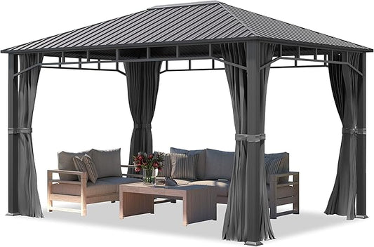TOOLPORT Hardtop Gazebo 10x13 ft with Steel Roof - 4 Side Panels in Gray - Approx. 3.54x3.54 in Aluminium Poles