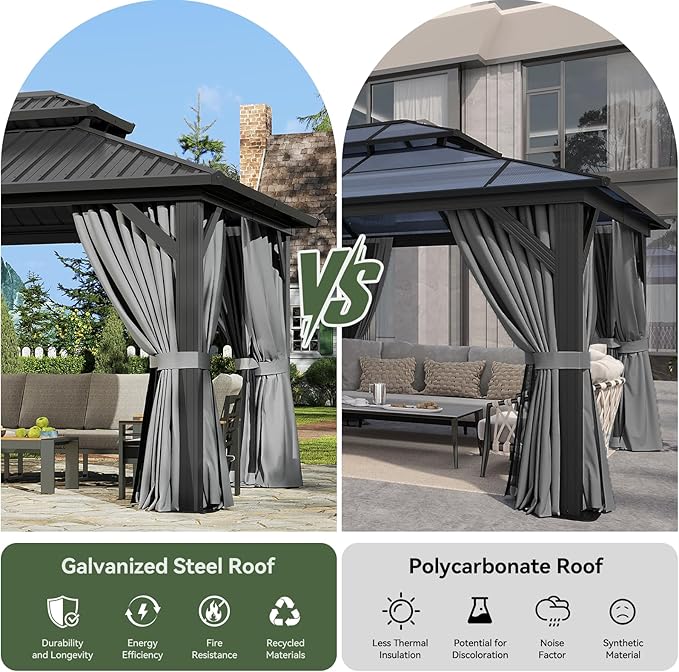 Aoxun 12'x10' Hardtop Gazebo with Light, Aluminum Frame Permanent Pavilion with Curtains and Netting, Outdoor Galvanized Double Roof Canopy, Designed for Garden, Lawns, Patio (Black/Grey)
