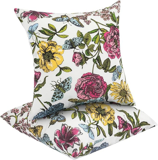 Water Resistant Outdoor Throw Pillows for Patio Furniture,18x18 Inch Decorative Pillows Set of 2 with Insert,Hidden Zipper Headrests for Sofa Couch Chair(Butterfly Flower)