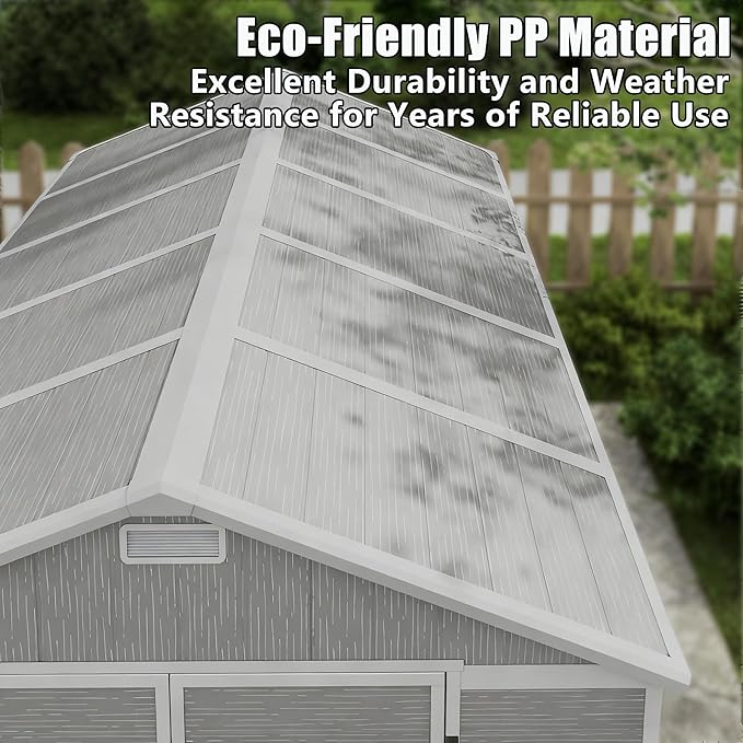 Outdoor Shed 5x3/6x4/7x7/8x6/8x10/8x12 FT, 15MM Thick PP Resin Plastic Shed with Lockable Door & Floor - Waterproof Plastic Tool Shed for Bike, Garbage Can, Backyard, Patio ﻿ ﻿ (Grey, 8x10FT)