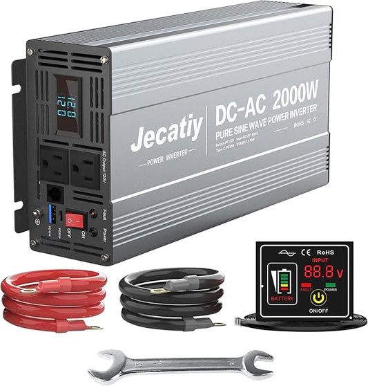 2000 Watt Pure Sine Wave Power Inverter DC 12V to 110V/120V AC Converter with 2 AC,18W USB, and 30W Type-C Charging Ports, Car Solar Power Inverters with LCD Display for Home RV Truck