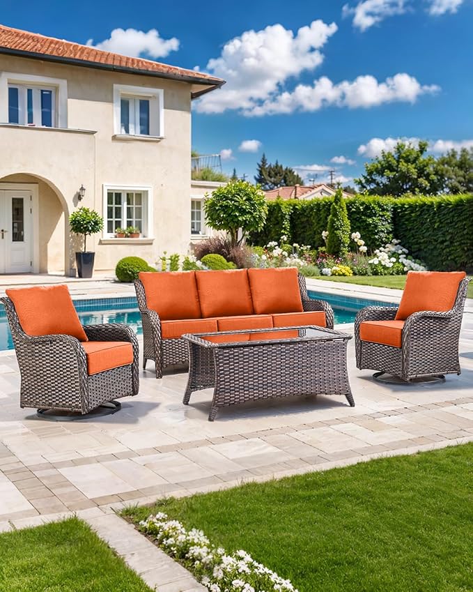 Luxury 22x24/22x25 6-Inch Outdoor Seat Cushions - Set of 2 Water Resistant Patio Chair Replacement Cushion for Porch Rattan Dining Rocker Glider Chairs Loveseat Couch Sectional Sofa - Orange
