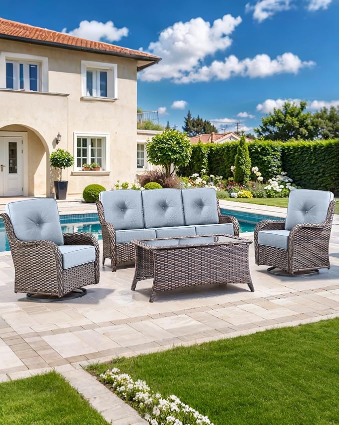 Luxury 22x24/22x25 6-Inch Patio Chair Cushions Set of 3 - Memory Foam Deep Seat Water Repellent Patio Cushion for Dining Rocking Swivel Chairs Loveseat 3-Seater Sectional Sofa - Baby Blue
