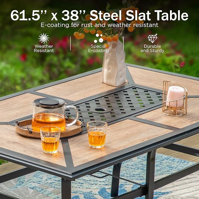 PHI VILLA 7 Pieces Outdoor Dining Set with Umbrella for 6, Rectangular Wood-Top Metal Table & Wicker Chairs with Cushions & 13ft Blue Umbrella, Modern Dining Furniture Set for Patio,Deck,Backyard