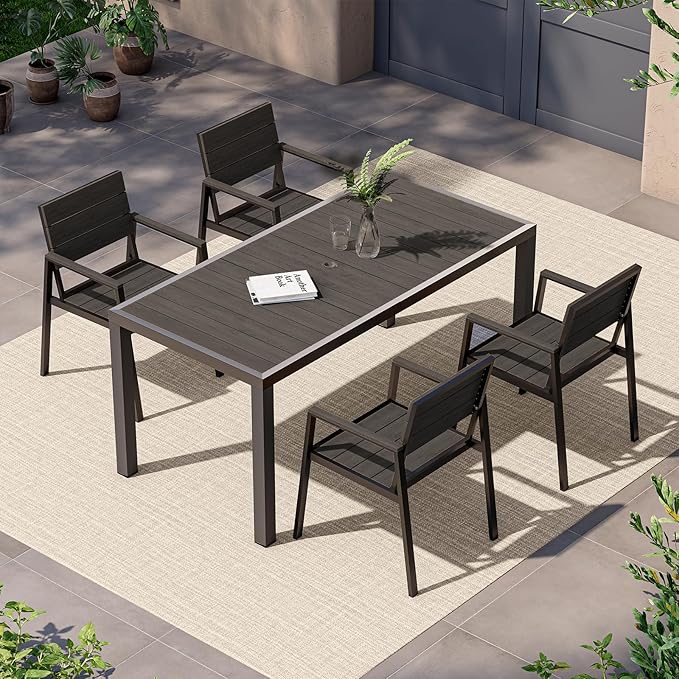 Outdoor Dining Set, Patio Table and Chairs of 4, Aluminum Outdoor Furniture Set with Umbrella Hole, HDPS Patio Dining Table Set for 4 (Charcoal)