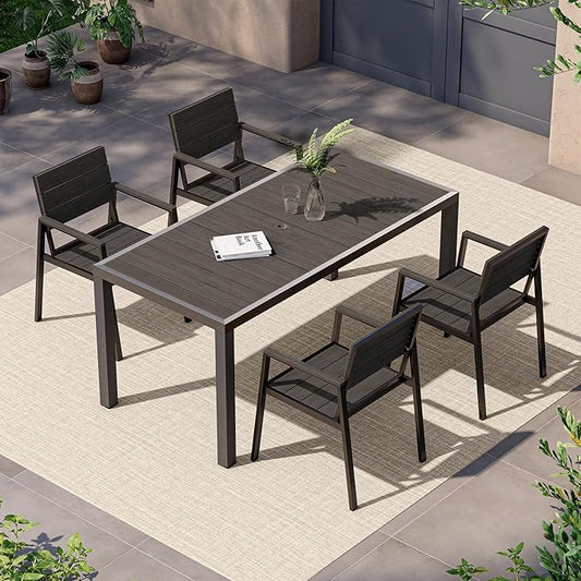 Outdoor Dining Set, Patio Table and Chairs of 4, Aluminum Outdoor Furniture Set with Umbrella Hole, HDPS Patio Dining Table Set for 4 (Charcoal)
