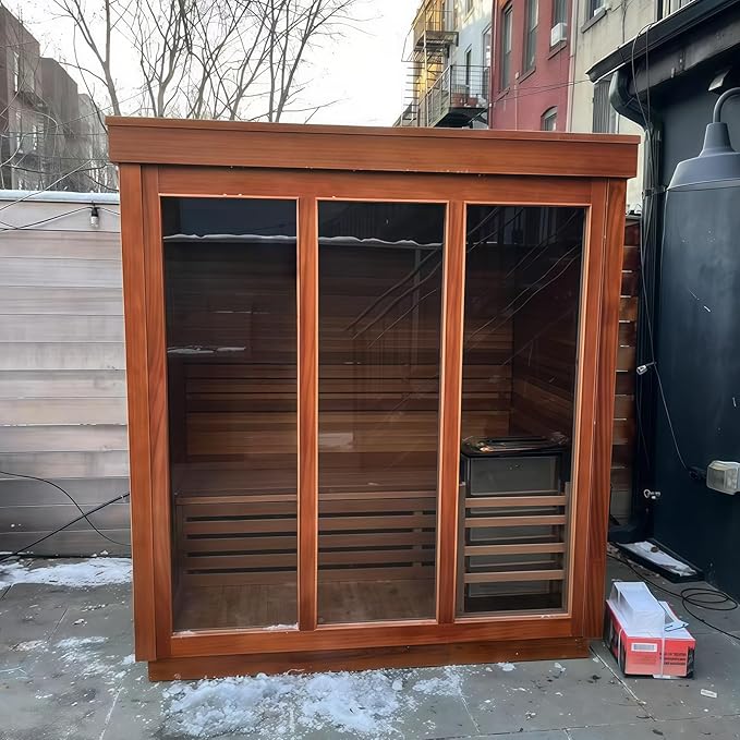 Outdoor Steam Sauna, Canadian Red Cedar Saunas 3 Person, 6KW ETL Toule Heater, Waterproof System, 220V,Broad Benche, Modern Sauna Box, Left Door (0-195℉)