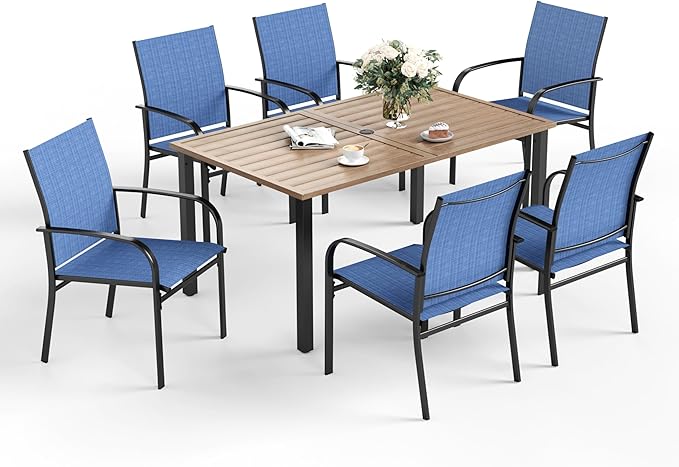 Patio Dining Set for 6, Rectangular Wood-Like Metal Table with Umbrella Hole and 6 Dining Chairs, Outdoor Table and Chairs for Lawn Garden Backyard and Deck,Blue