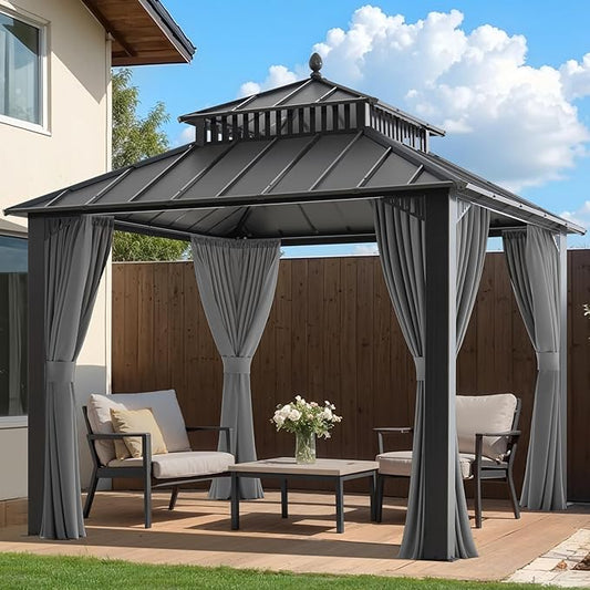 SUNJOY Kingston 10' x 10' Hardtop Gazebo with Galvanized Steel Double Roof, Curtain and Netting, Gray Aluminum Posts Permanent Pavilion Gazebo for Garden, Patio, Deck, Lawn