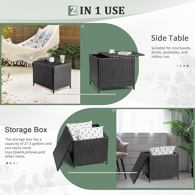 Outvita Outdoor Side Table, Rattan Coffee Table with Storage 27 Gallon Patio Small Deck Storage Box for Cushion Towel Books, Brown Side Table with lid