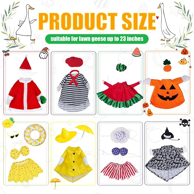 8 Sets Seasonal Holiday Porch Goose Outfits Summer Outfits Fall Halloween Christmas Birthday All Seasons Garden Goose Clothes for 23" Cement Statue Lawn Patio Outdoor Decoration(Classic Style)